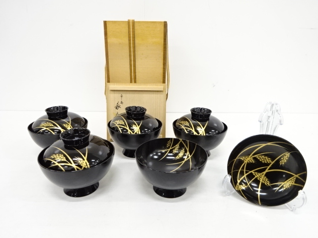 CL48 時代木製漆器 月絵変金銀蒔絵 溜内黒 吸物椀十客 草花 鳥 動物